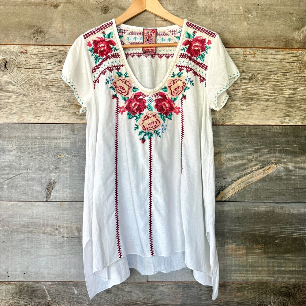 Johnny‎ Was JWLA Linen Floral Embroidered V-Neck Tunic Top S White Boho Peasant